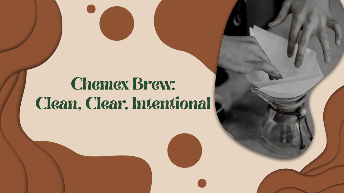 Chemex brewer pouring NeoBean coffee into a glass mug on a wooden counter, with coffee grounds, a gooseneck kettle, and a NeoBean coffee bag styled beside it.