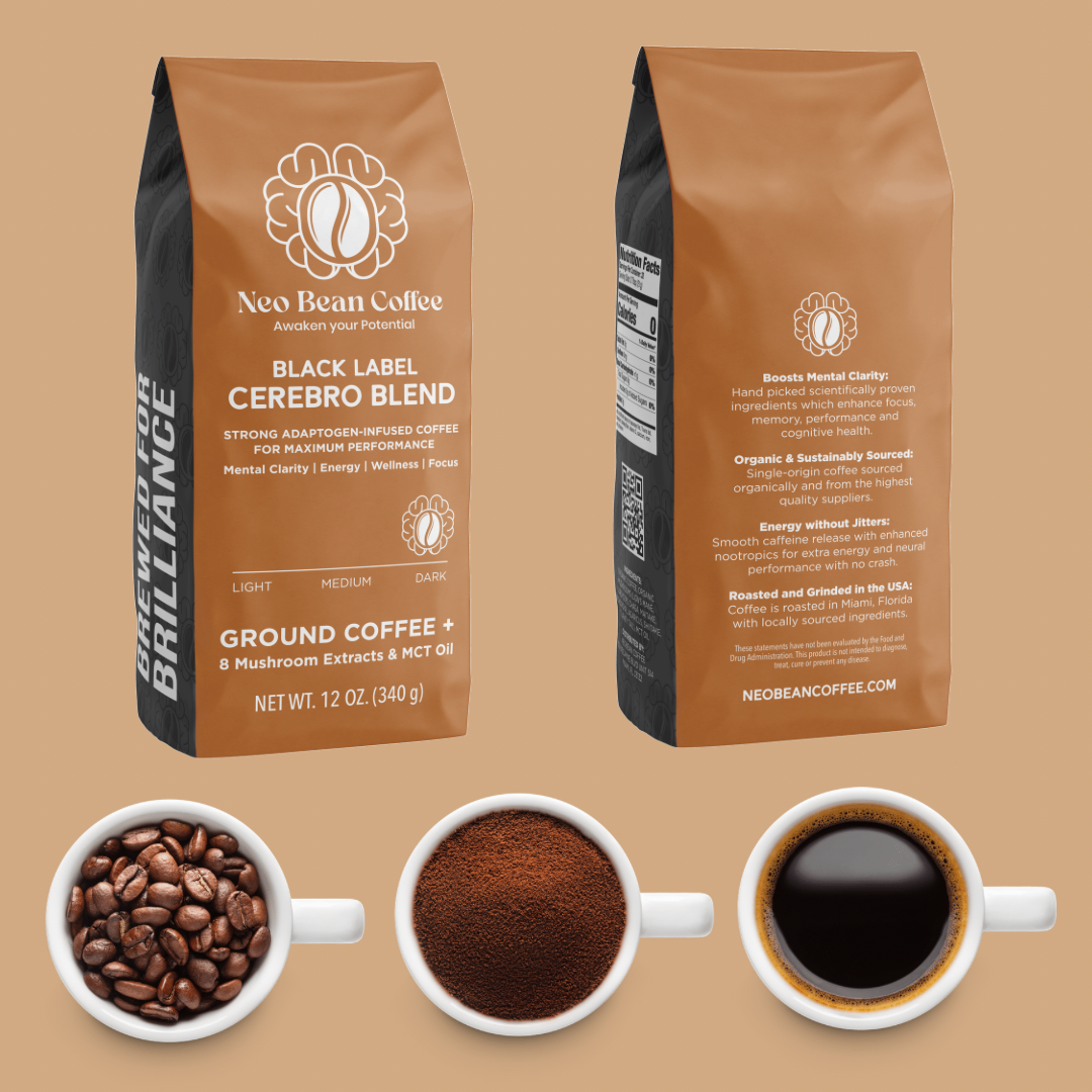 Black label cerebro Blend mushroom coffee for focus next to 3 cups of coffee with black coffee, ground coffee, and dark roast coffee beans.
