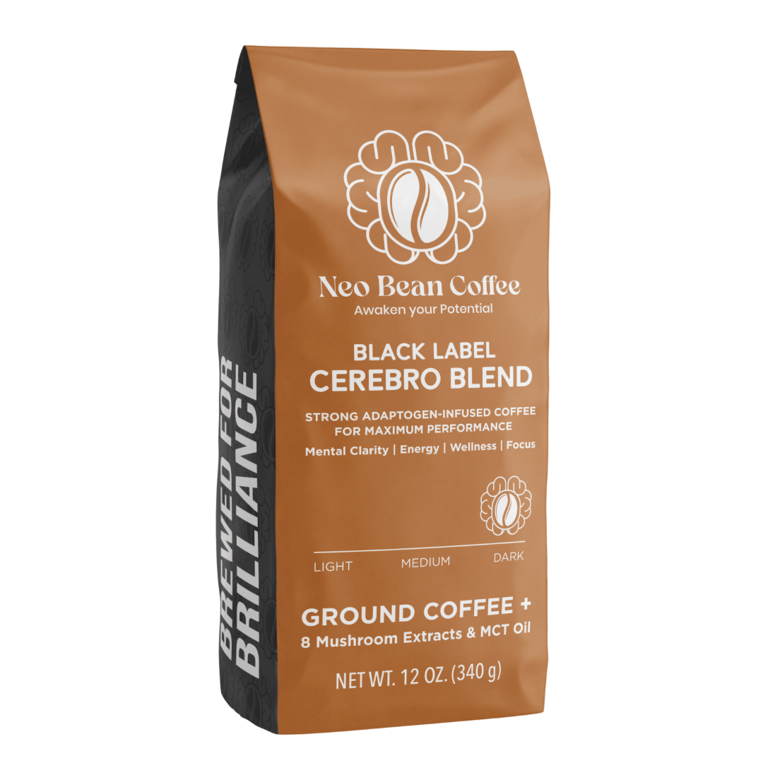 Black Label cerebro blend mushroom coffee with 8 adaptogens and MCT Oil.