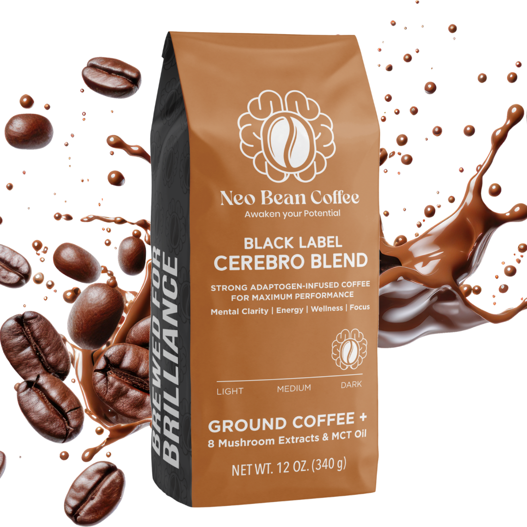 Mushroom coffee with coffee beans and mct oil and creamy coffee in the back with a dark roast for bold flavors.