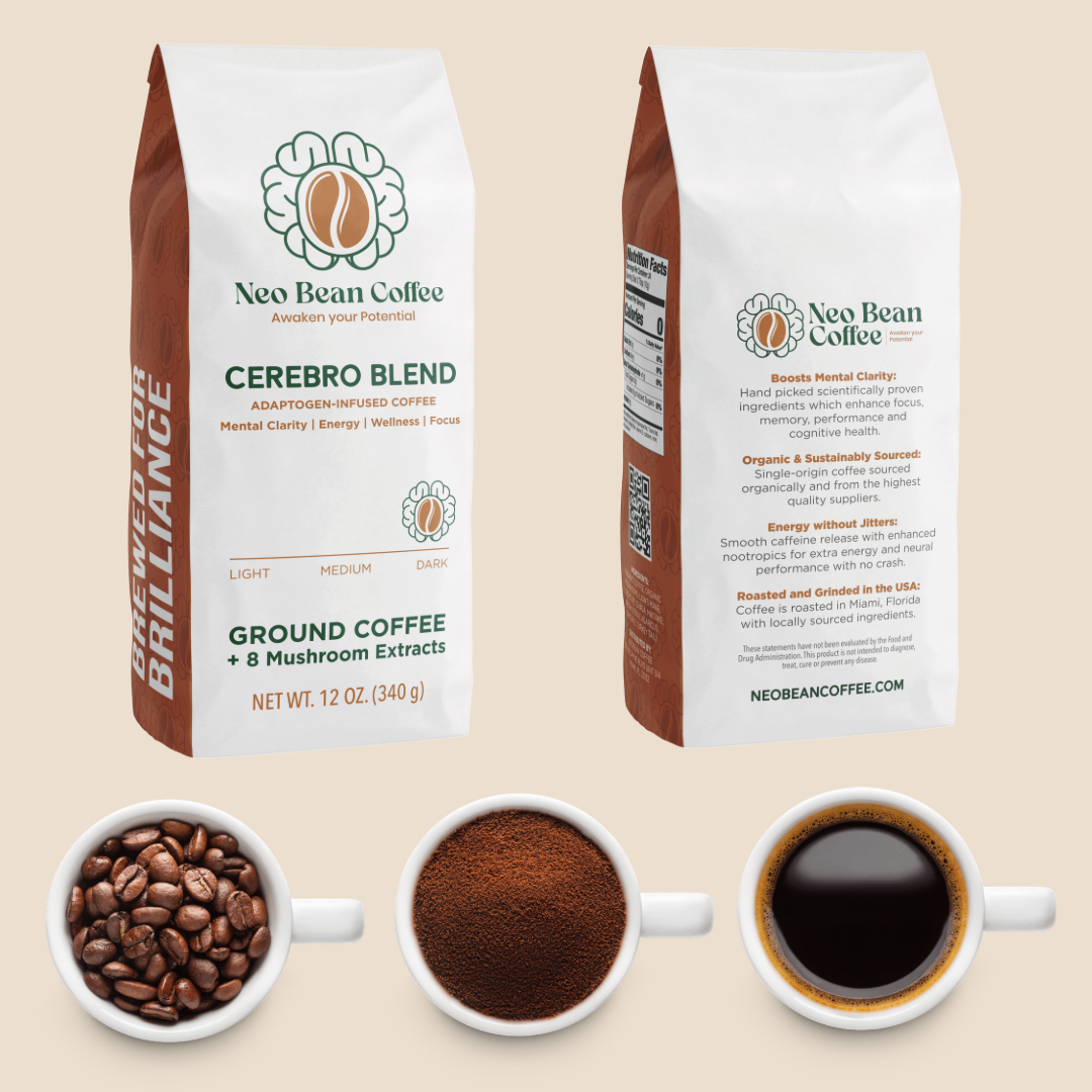 Cerebro Blend mushroom coffee for focus next to 3 cups of coffee with black coffee, ground coffee, and dark roast coffee beans.