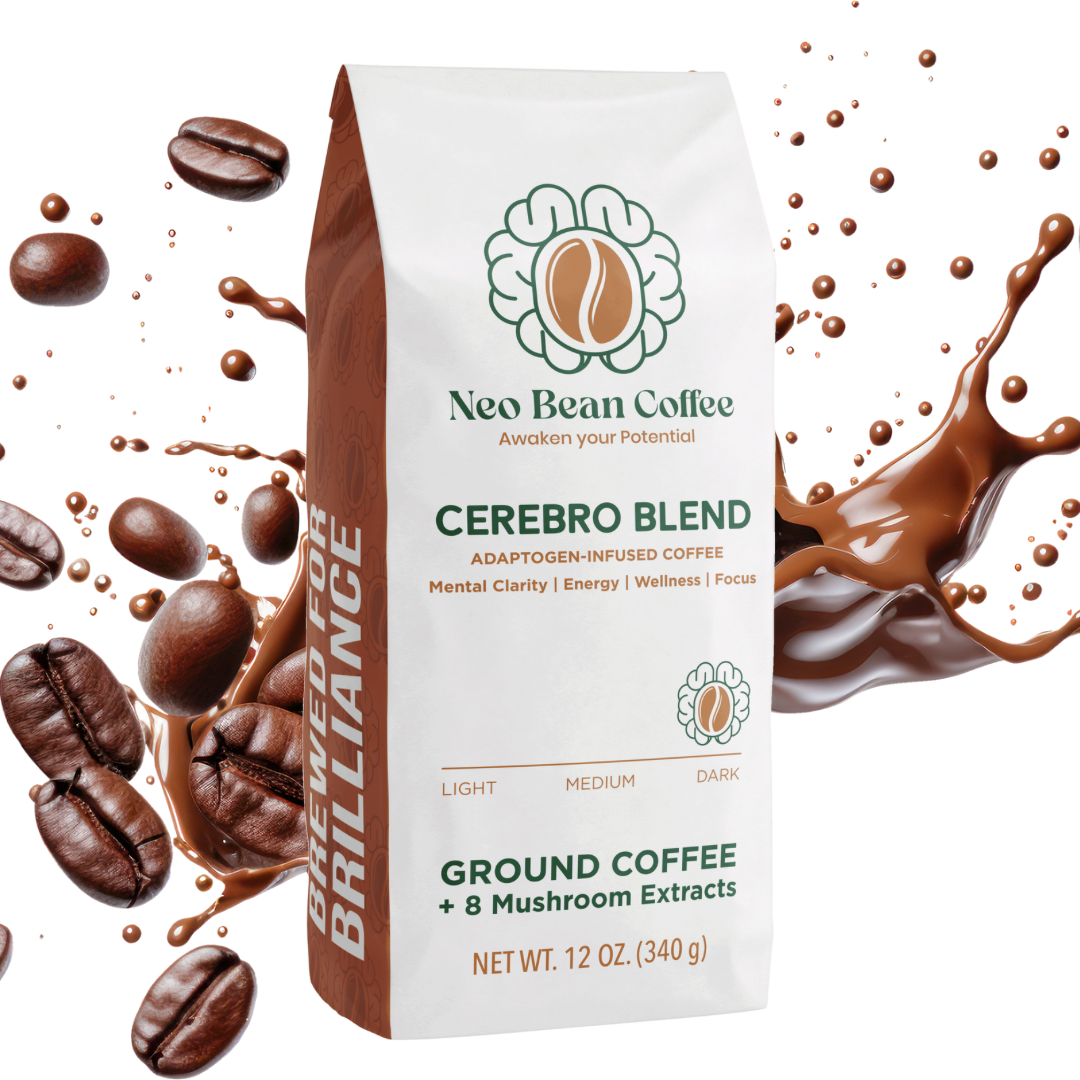 Mushroom coffee with coffee beans and creamy coffee in the back with a dark roast for bold flavors.