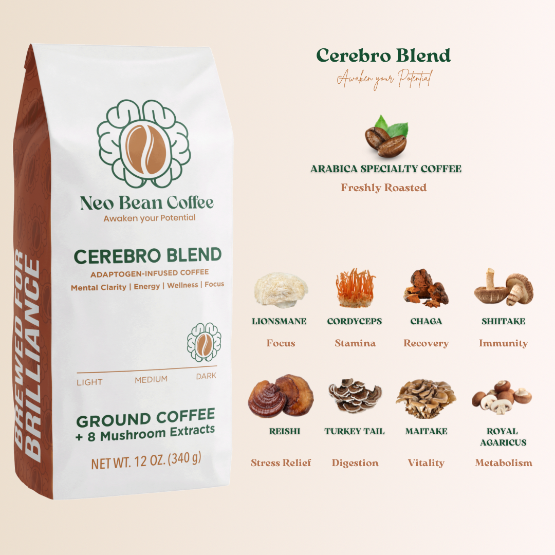 Muhsroom Coffee ingredients in Cerebro Blend include lionsmane, cordyceps, chaga, reishi, turkey tail, maitake, royal agaricus.