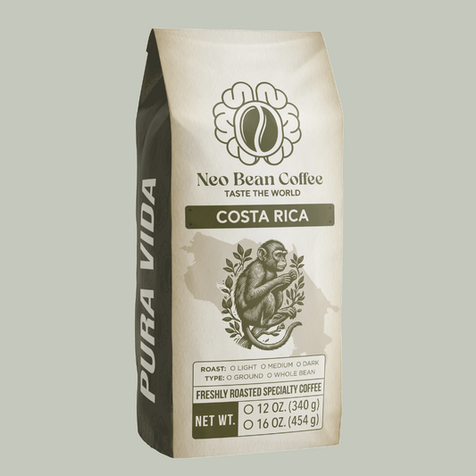 Neo Bean Coffee’s Costa Rica blend in sustainable packaging, emphasizing fair-trade sourcing and freshly roasted specialty coffee.