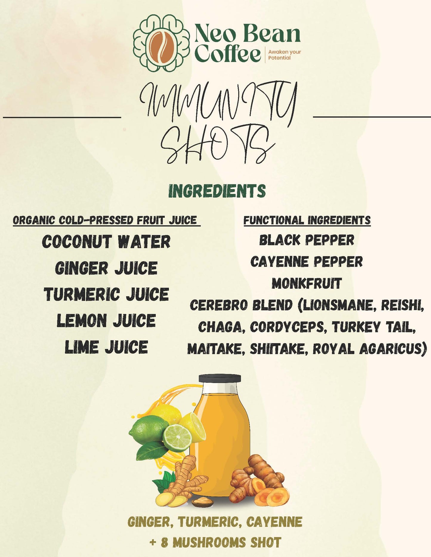 Neobean Immunity + Wellness Shot 2 oz Bottle - MIAMI ONLY -  8 Adaptogen Mushrooms + Ginger + Turmeric