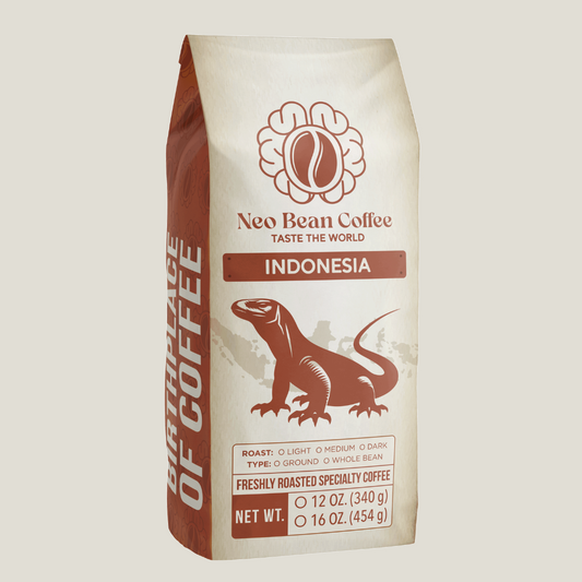 A cup of freshly brewed Indonesian coffee next to whole beans and ground coffee, highlighting its earthy, smoky, and herbal flavor profile.