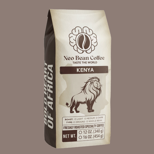 A cup of freshly brewed Kenyan coffee next to whole beans and ground coffee, highlighting its bright acidity and wine-like complexity.