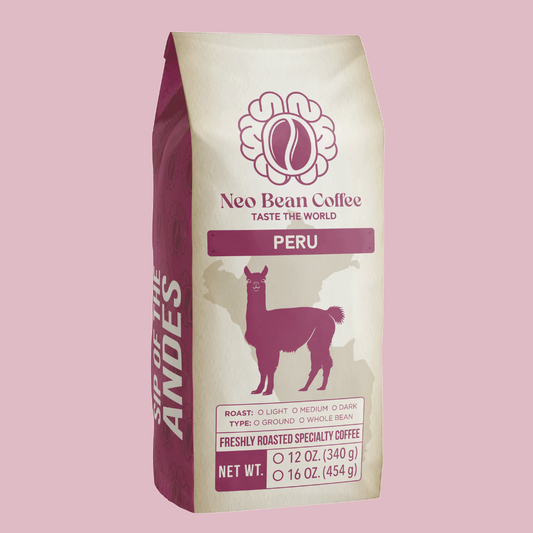 Full view of Neo Bean Coffee Peru packaging, featuring a maroon llama design.