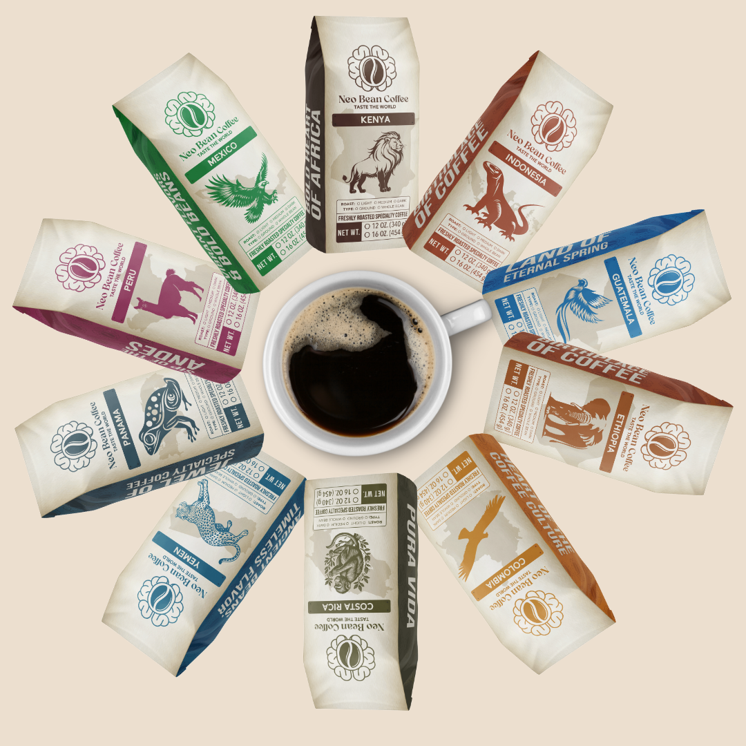 Single Origin Coffee from 10 Countries with a Cup of black coffee.