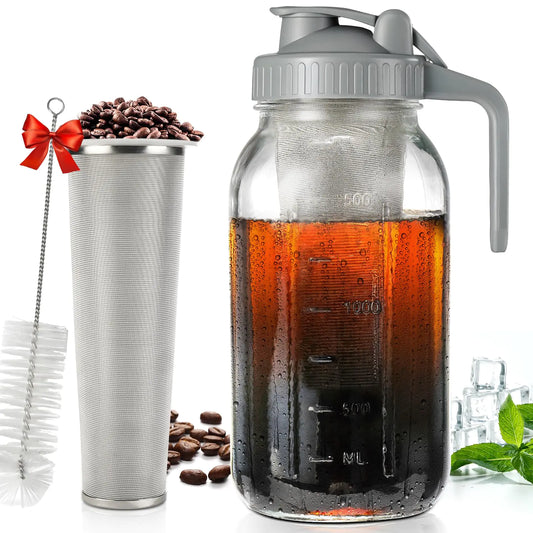 Cold Brew Coffee Maker 64 oz2-Quart Wide Mouth Thickened Cold Brew Maker with Ultra Dense Stainless Steel Filter - Mason Jar Pitcher with Lid and Spout for Coffee and Homemade Fruit Drinks(Gray)