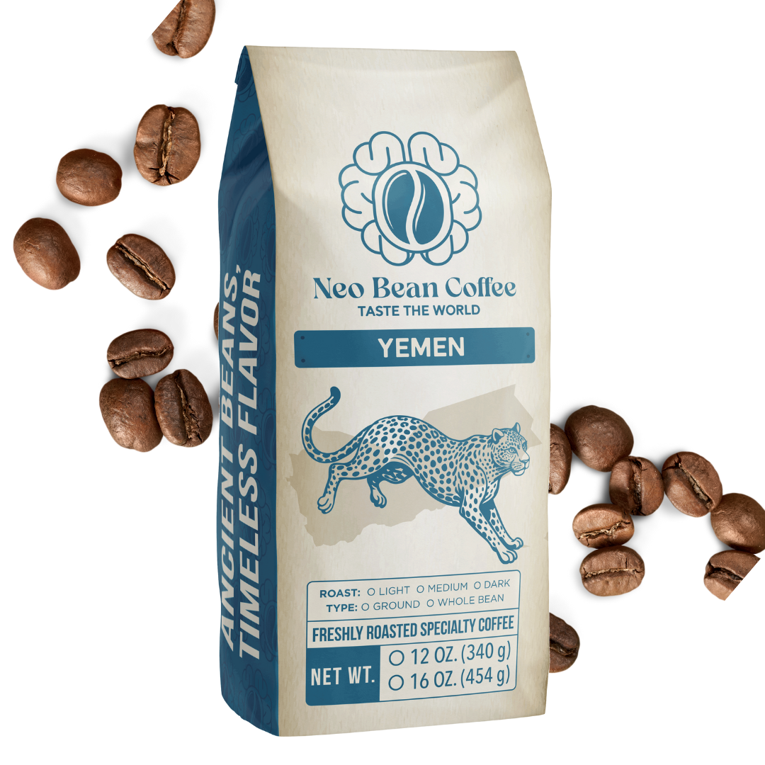 Single origin freshly roasted coffee bag from Yemen with coffee beans in the back.