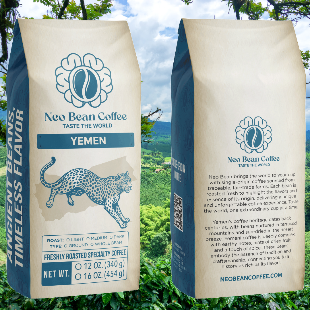 Yemen single origin coffee bag with a coffee farm behind.