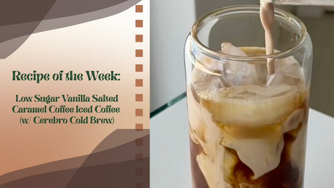 Glass of iced coffee with layers of vanilla almond milk, Cerebro mushroom cold brew, and sugar-free salted caramel syrup on a summer kitchen counter.