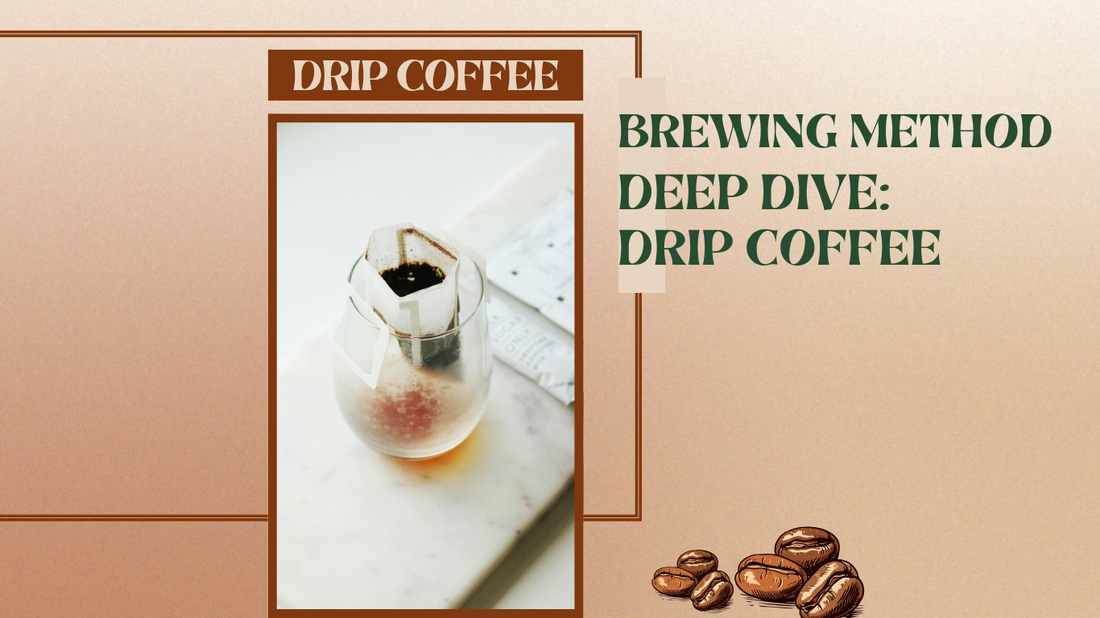 Drip coffee maker brewing Neobean mushroom coffee into a glass carafe, with steam rising and natural light in the background.