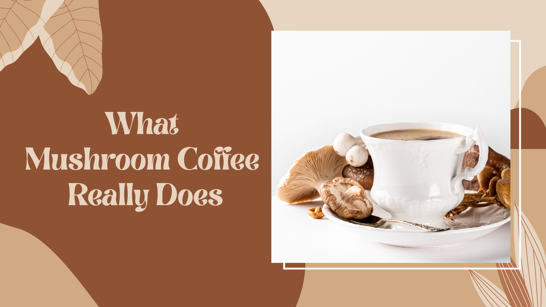 A cup of NeoBean mushroom coffee surrounded by functional mushrooms like Lion’s Mane, Reishi, and Chaga, symbolizing natural focus, stress relief, and immunity support.