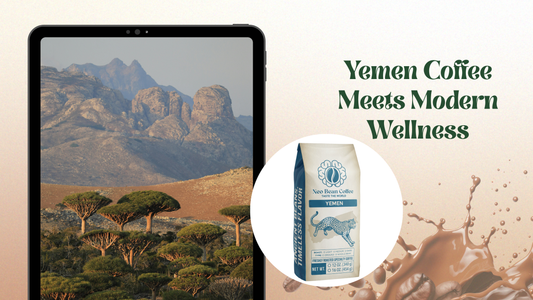 Cup of NeoBean coffee beside traditional Yemeni decor, coffee beans, and spices, highlighting the origin and heritage of Yemen as the birthplace of specialty coffee.