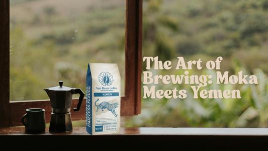 Moka Pot brewing NeoBean Single Origin Yemen coffee on a stovetop, with rich, dark coffee rising into the top chamber. Nearby, a bag of NeoBean Yemen beans sits beside a ceramic cup ready to be filled — steam rising, evoking warmth and depth.