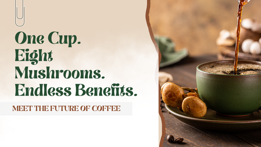 NeoBean mushroom coffee products – Cerebro Blend, Black Label, and Cold Brew – displayed on a wooden table with coffee beans, mushrooms, and greenery, highlighting functional ingredients and wellness-focused design.