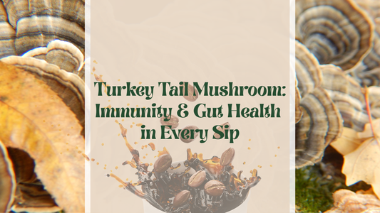 Cup of NeoBean coffee with Turkey Tail mushroom slices, coffee beans, and natural props styled on a rustic background to highlight immune-boosting and gut-health benefits.