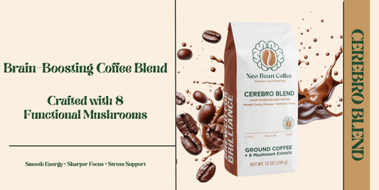NeoBean Cerebro Blend coffee cup with steam rising, promoting brain-boosting mushroom coffee