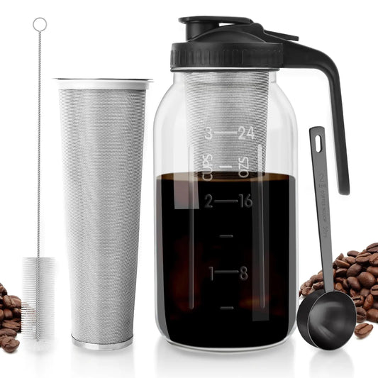 Cold Brew Coffee Maker - 64 oz Wide Mouth Mason Jar Pitcher with Stainless Steel Filter Coffee Scoop and Cleaning Brush -Glass Pitcher for Iced Coffee Tea - Includes Pour Spout Handle Lid