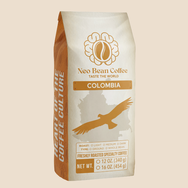 A cup of freshly brewed Colombian coffee next to whole beans and ground coffee, illustrating the rich aroma and balanced flavors.