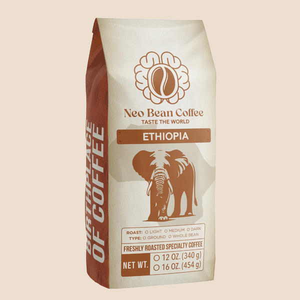 A cup of freshly brewed Ethiopian coffee beside whole beans and ground coffee, illustrating its bright acidity and floral tasting notes