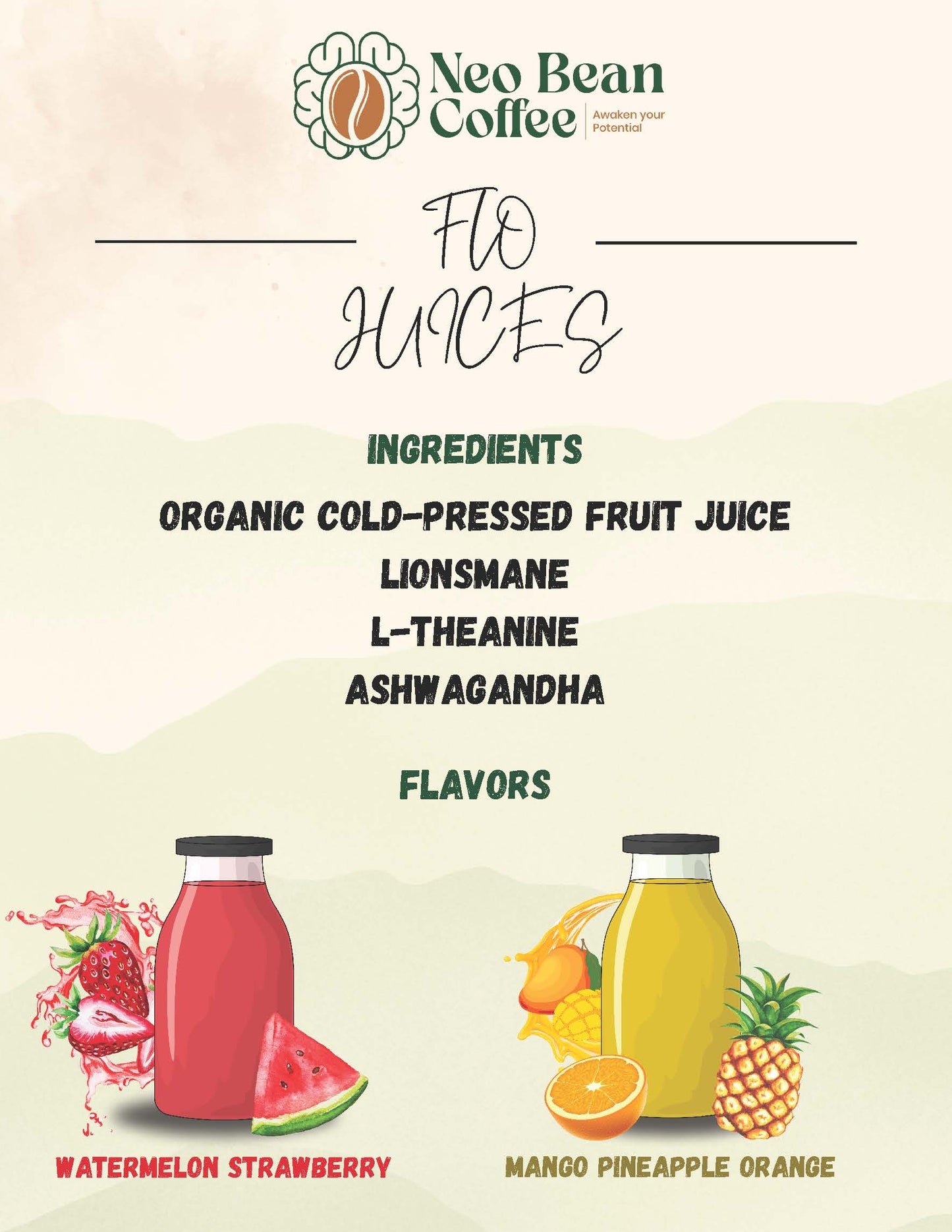 Neobean FLO Juice 16 oz Bottle - MIAMI ONLY - Lionsmane, L-Theanine & Ashwagandha